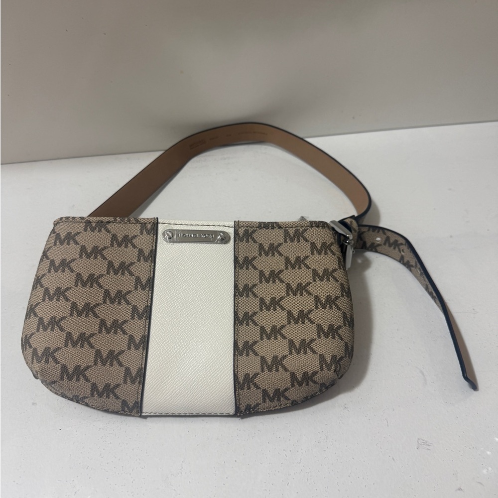 Michael Kors Brown Signature MK Mini Wristlet with White Center Stripe